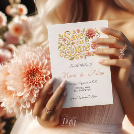 Elegant Blush Dahlias Golden Script Wedding Photo Save The Date