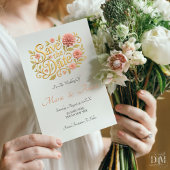 Elegant Blush Dahlias Golden Script Wedding Photo Save The Date