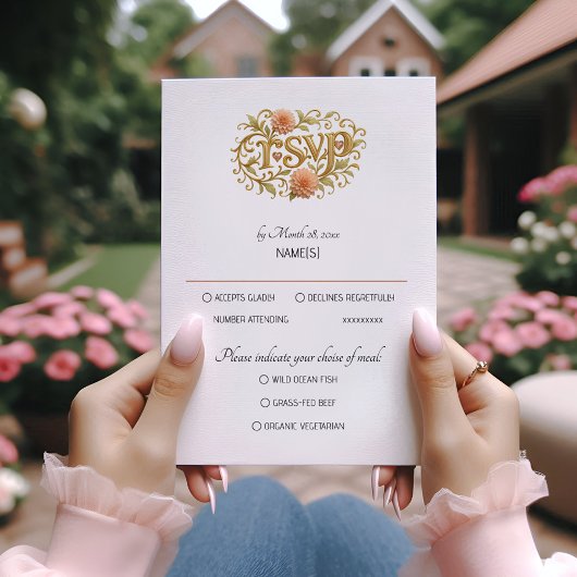 Elegant Blush Dahlias Golden Script Wedding RSVP Kaartje
