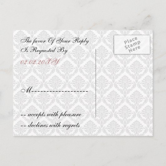 Elegant Blush Damask Stylish Modern Wedding Uitnodiging Briefkaart (Achterkant)