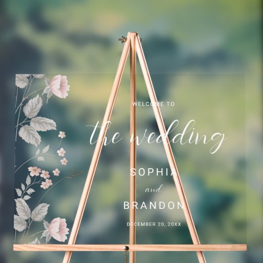 Elegant Blush Donker Grijs Bloemen Bruiloft Welkom Acryl Bord (Neutraal)