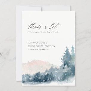 ELEGANT BLUSH DUSKY BLUE MOUNTAINES PINE WEDDING BEDANKKAART