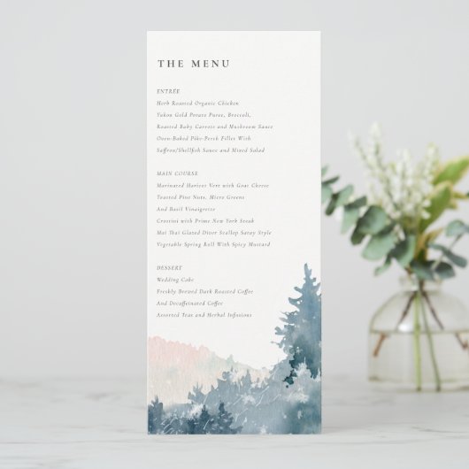 ELEGANT BLUSH DUSKY BLUE MOUNTAINES PINE WEDDING MENU (Staand voorkant)