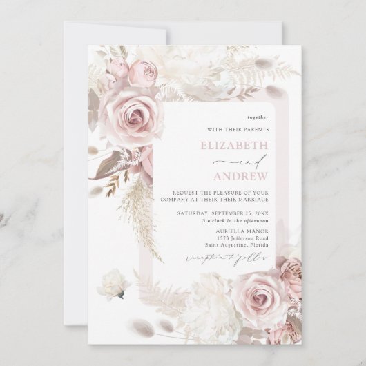 Elegant Blush Dusty Roos Bloemen Bruiloft Kaart (Voorkant)