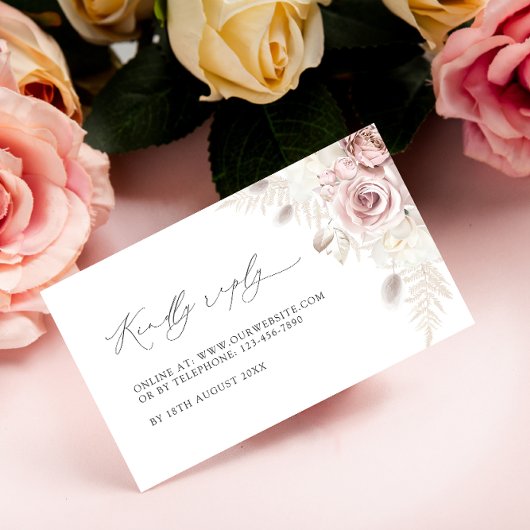 Elegant Blush Dusty Roos Bloemen Bruiloft RSVP Kaa Informatiekaartje