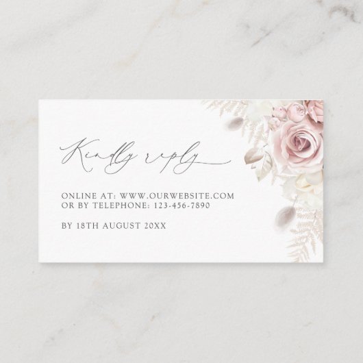 Elegant Blush Dusty Roos Bloemen Bruiloft RSVP Kaa Informatiekaartje (Achterkant)