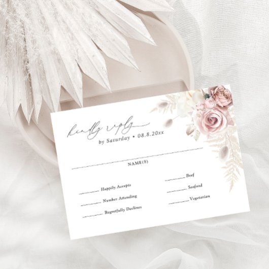 Elegant Blush Dusty Roos Floral Meal Keuze RSVP Kaartje