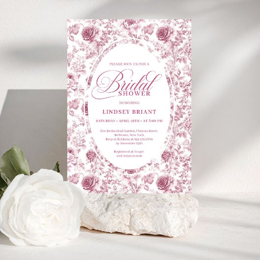 Elegant Blush Dusty Rose Toile Bridal Shower Invit Kaart