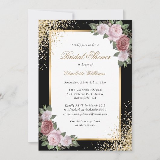 Elegant Blush en Black Floral Vrijgezellenfeest Kaart (Voorkant)