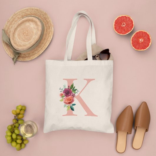 Elegant Blush en Burgundy Floral Monogram Initiaal Tote Bag