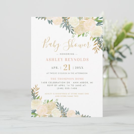 Elegant Blush en Gold Floral Greenery Baby shower Kaart (Staand voorkant)