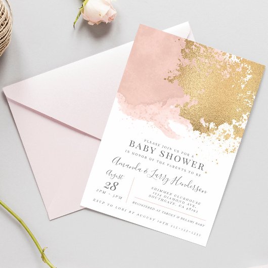 Elegant Blush en Gold Waterverf Baby shower Kaart