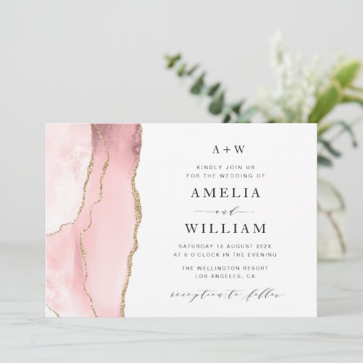 elegant blush en gouden trouwuitnodiging kaart (Staand voorkant)