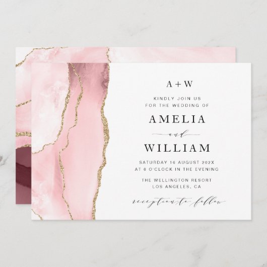 elegant blush en gouden trouwuitnodiging kaart (Voorkant / Achterkant)