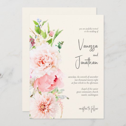 Elegant Blush en Ivory Floral Invitation Kaart (Voorkant / Achterkant)