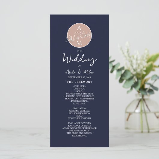 Elegant Blush en Navy Blue Script bruiloft program Programmakaart (Staand voorkant)