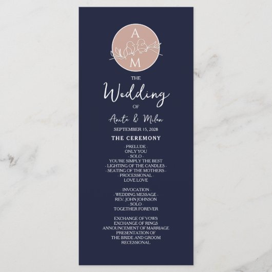 Elegant Blush en Navy Blue Script bruiloft program Programmakaart (Voorkant)
