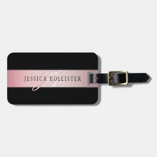 Elegant Blush Faux Roos Gold | Naam en Initiaal Bagagelabel (Voorkant horizontaal)