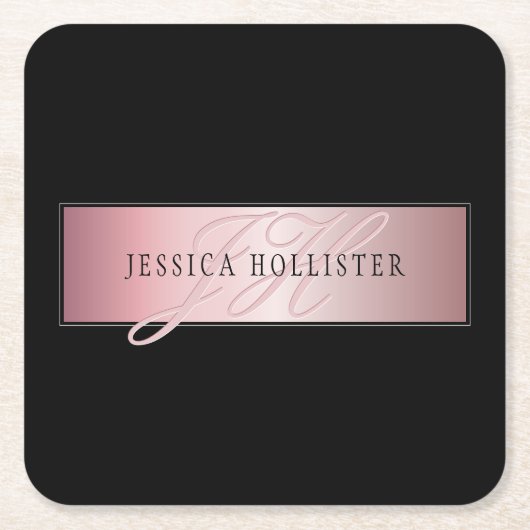 Elegant Blush Faux Roos Gold | Naam en Initiaal Kartonnen Onderzetters (Voorkant)