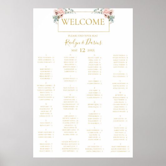 Elegant Blush Floral | Alfabetische zitplaats Poster (Voorkant)