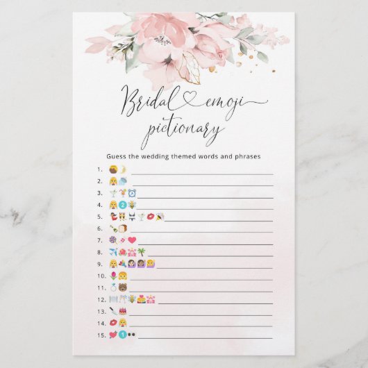 Elegant Blush floral bridal emoji pictionary game (Voorkant)