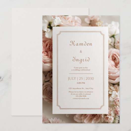 Elegant Blush Floral Bronze Ticket Frame Wedding Kaart (Voorkant / Achterkant)
