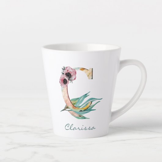 Elegant Blush Floral C Waterverf Foliage Monogram Latte Mok (Rechts)