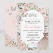 Elegant Blush Floral Dress Silver Quinceañera Kaart (Voorkant / Achterkant)
