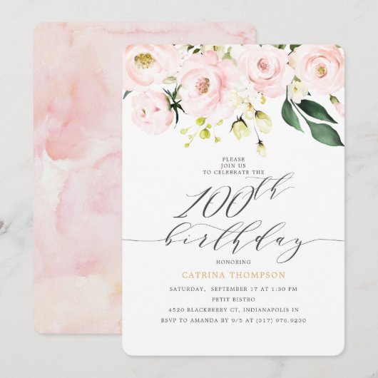 Elegant Blush Floral Eucalyptus 100th Birthday Kaart (Voorkant / Achterkant)