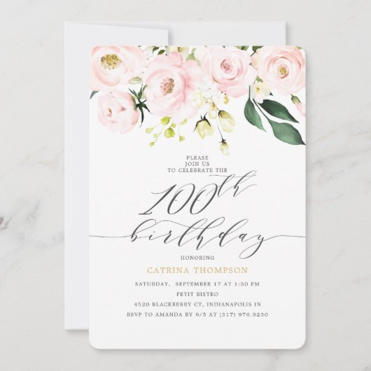 Elegant Blush Floral Eucalyptus 100th Birthday Kaart (Voorkant)