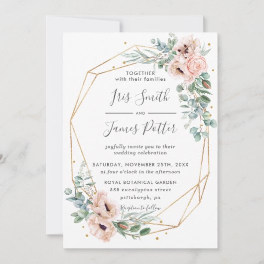 Elegant Blush Floral Eucalyptus Geometric Gold Kaart (Voorkant)