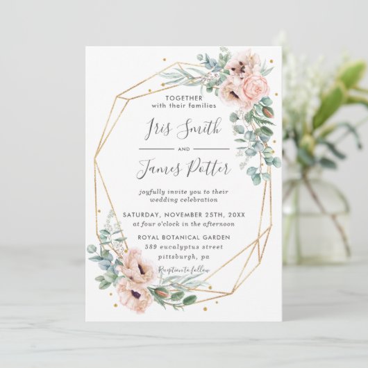 Elegant Blush Floral Eucalyptus Geometric Gold Kaart (Staand voorkant)