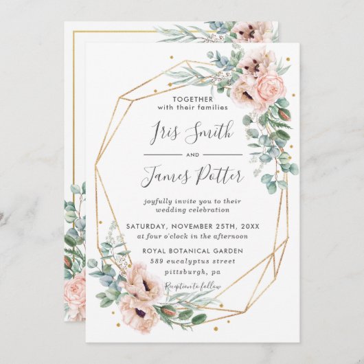 Elegant Blush Floral Eucalyptus Geometric Gold Kaart (Voorkant / Achterkant)