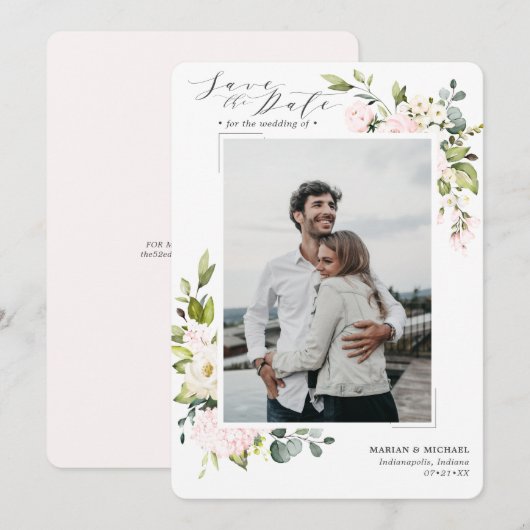 Elegant Blush Floral & Eucalyptus Wedding Save The Date (Voorkant / Achterkant)