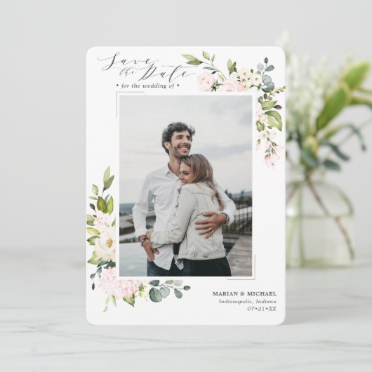 Elegant Blush Floral & Eucalyptus Wedding Save The Date (Staand voorkant)