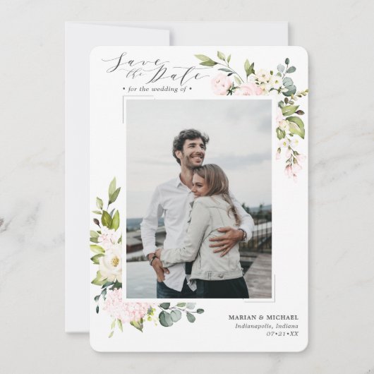 Elegant Blush Floral & Eucalyptus Wedding Save The Date (Voorkant)