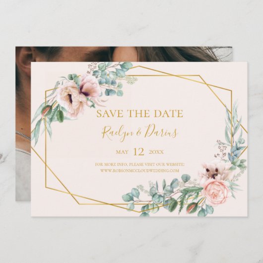 Elegant Blush Floral | Fotopasta Horizontal Sav Save The Date (Voorkant / Achterkant)