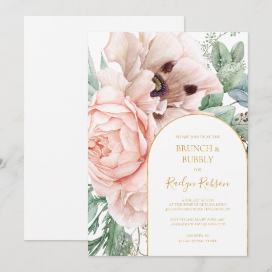 Elegant Blush Floral Garden | Brunch en Bubble Kaart (Voorkant / Achterkant)