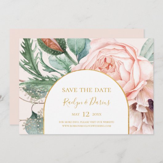 Elegant Blush Floral Garden | Horizontaal deeg Save The Date (Voorkant / Achterkant)