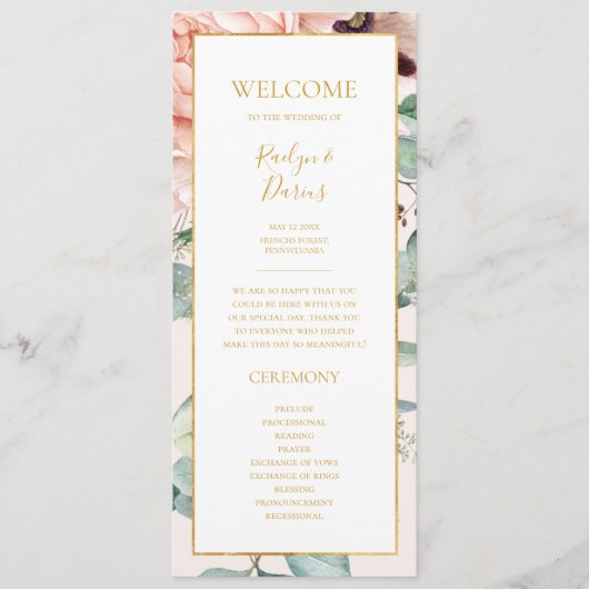 Elegant Blush Floral Garden | Pastel Wedding Programmakaart (Voorkant)