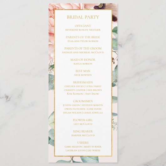 Elegant Blush Floral Garden | Pastel Wedding Programmakaart (Achterkant)