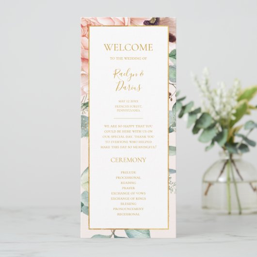 Elegant Blush Floral Garden | Pastel Wedding Programmakaart (Staand voorkant)