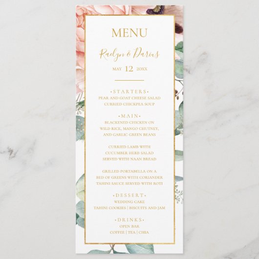 Elegant Blush Floral Garden | Weddenschap Menu (Voorkant)