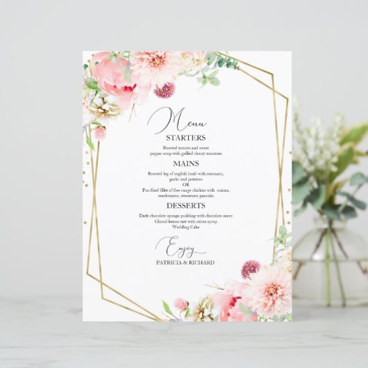 Elegant Blush Floral Geometric Budget Wedding Menu (Staand voorkant)