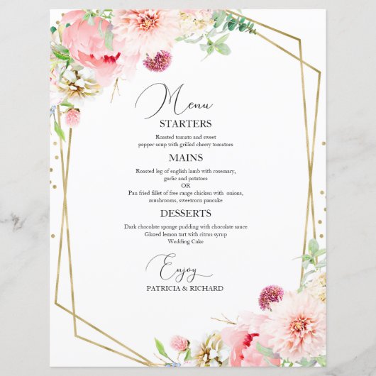Elegant Blush Floral Geometric Budget Wedding Menu (Voorkant)