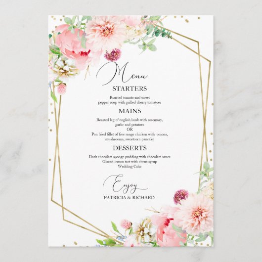 Elegant Blush Floral Geometrisch Bruiloft Menu Kaa (Voorkant)