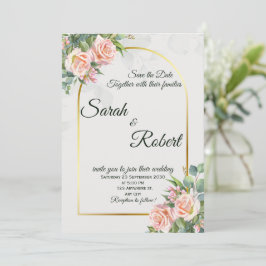 Elegant Blush Floral Gold Arch Wedding Invitation Kaart