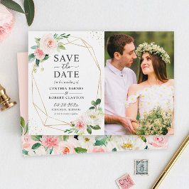 Elegant Blush Floral Gold Geometric Foto Save The Date