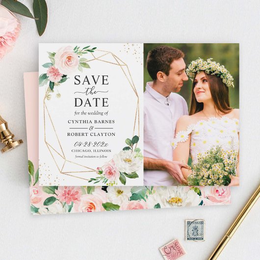 Elegant Blush Floral Gold Geometric Foto Save The Date