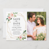 Elegant Blush Floral Gold Geometric Foto Save The Date (Voorkant)
